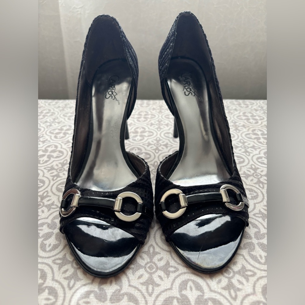 Carlos by Carlos Santana Black Peep-Toe Heels with Silver Buckle